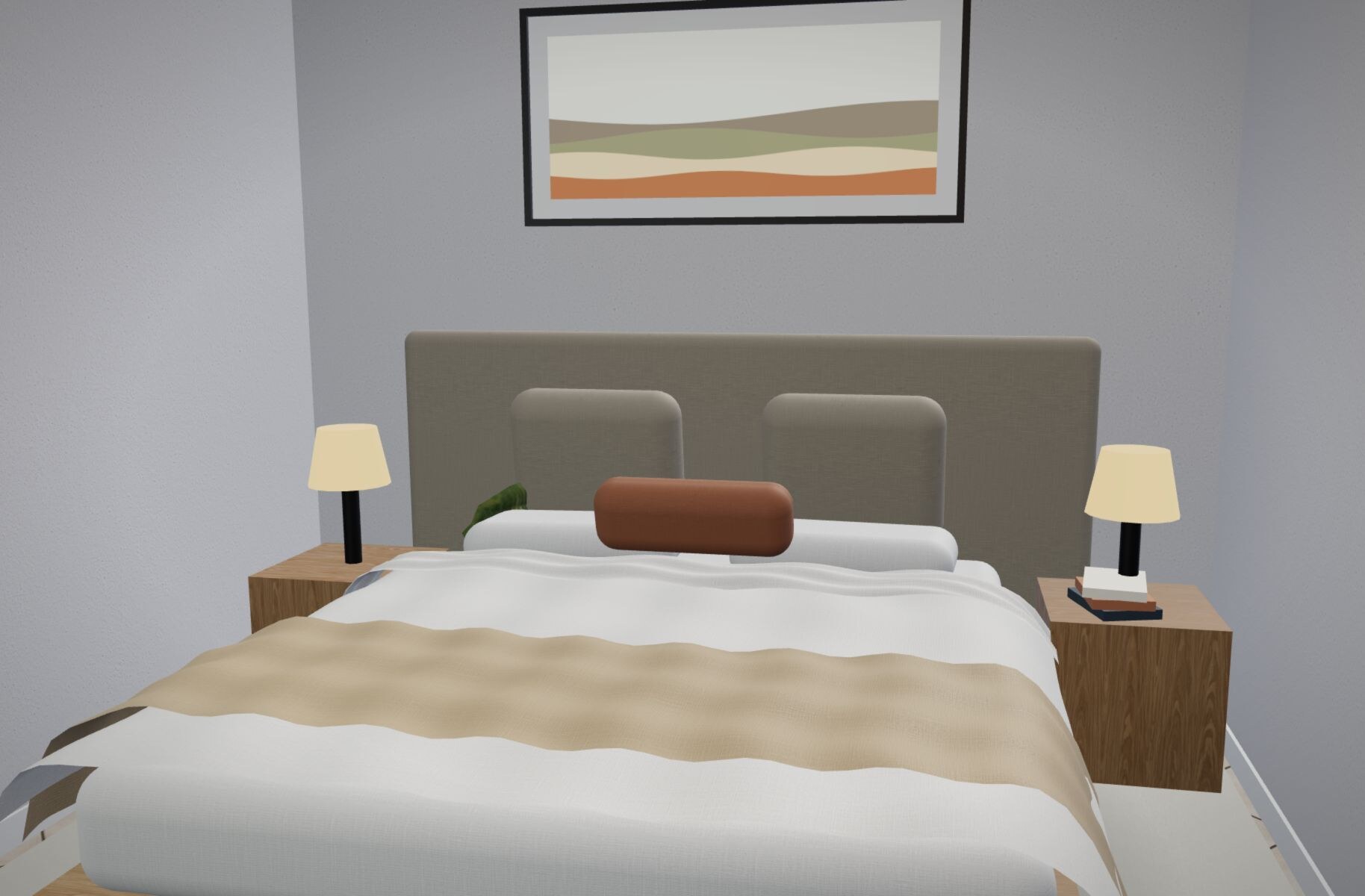 Bedroom with king bed and upholstered headboard