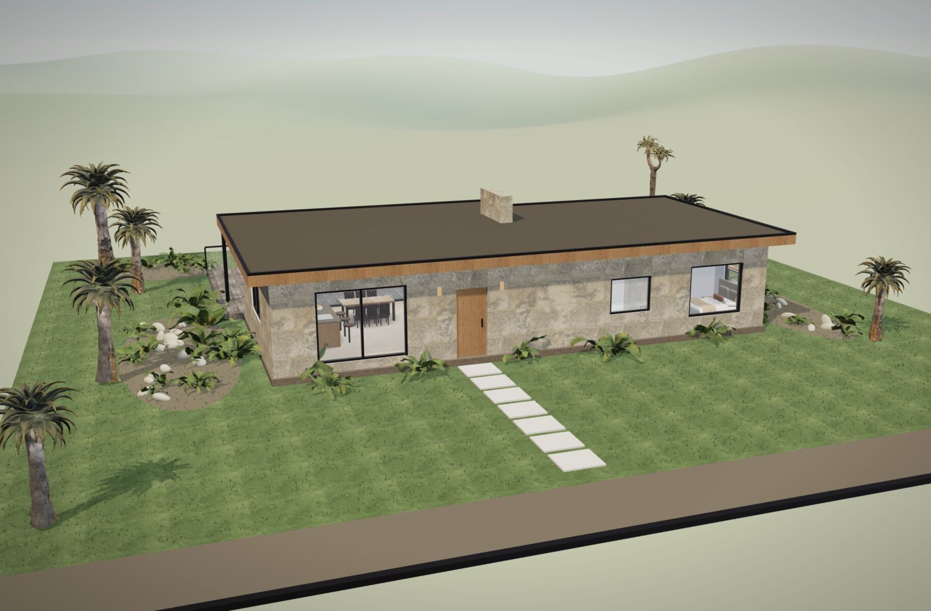 Front facade of the villa in natural stone