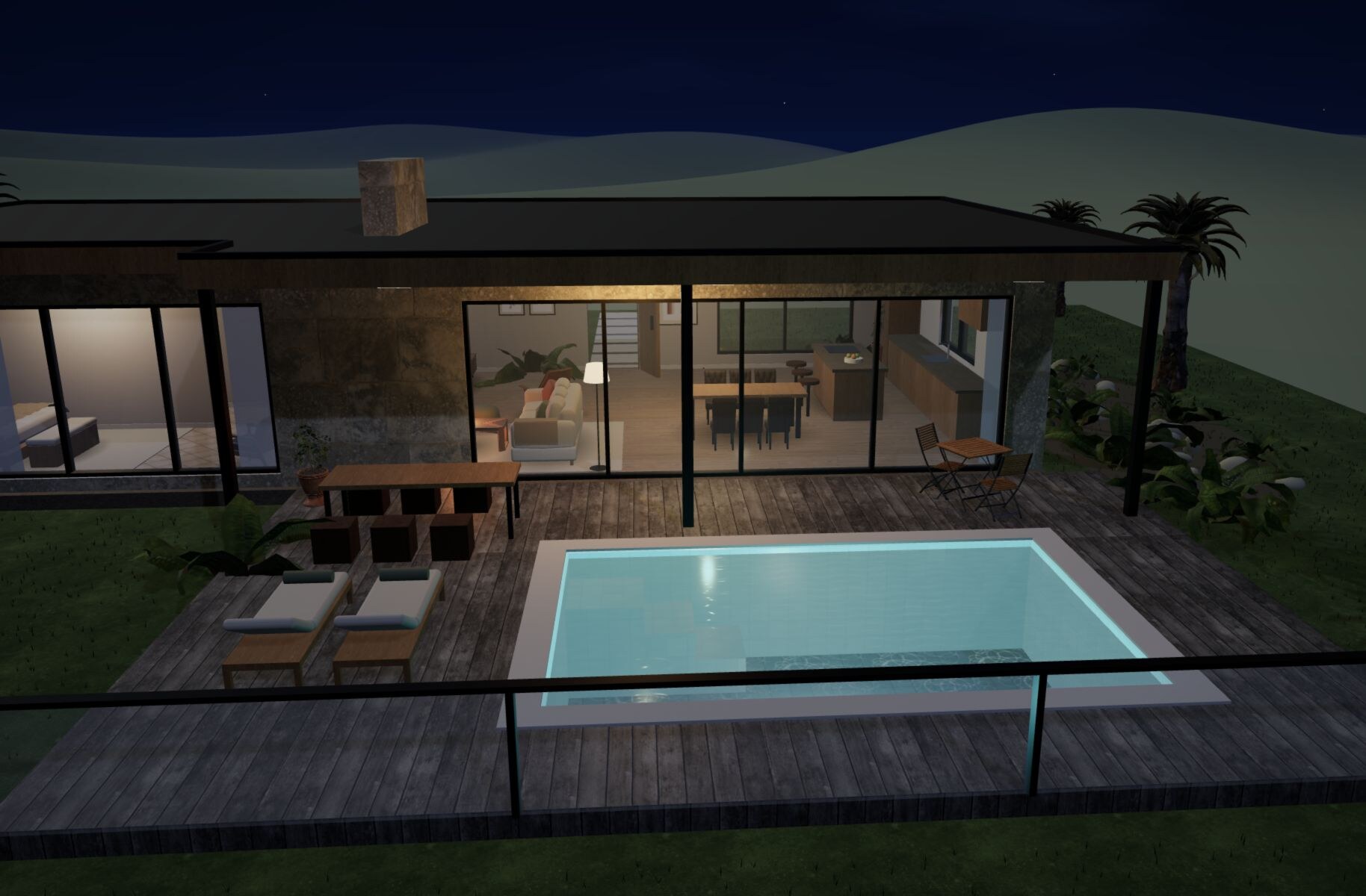 The villa at night with lights on