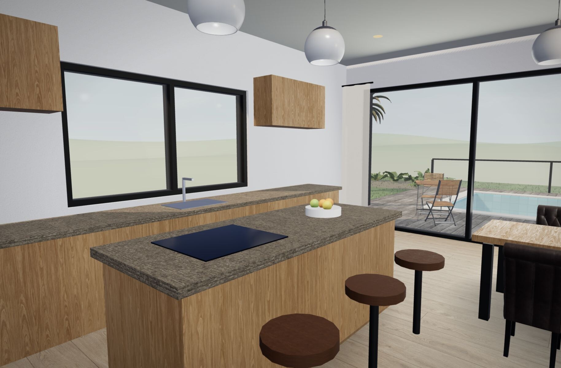 Kitchen with island and views to the terrace