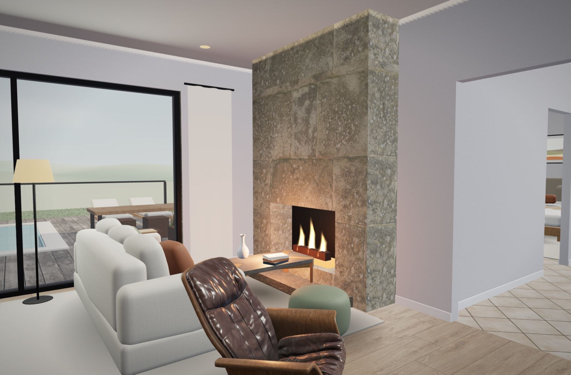 Open living room with sofa and fireplace